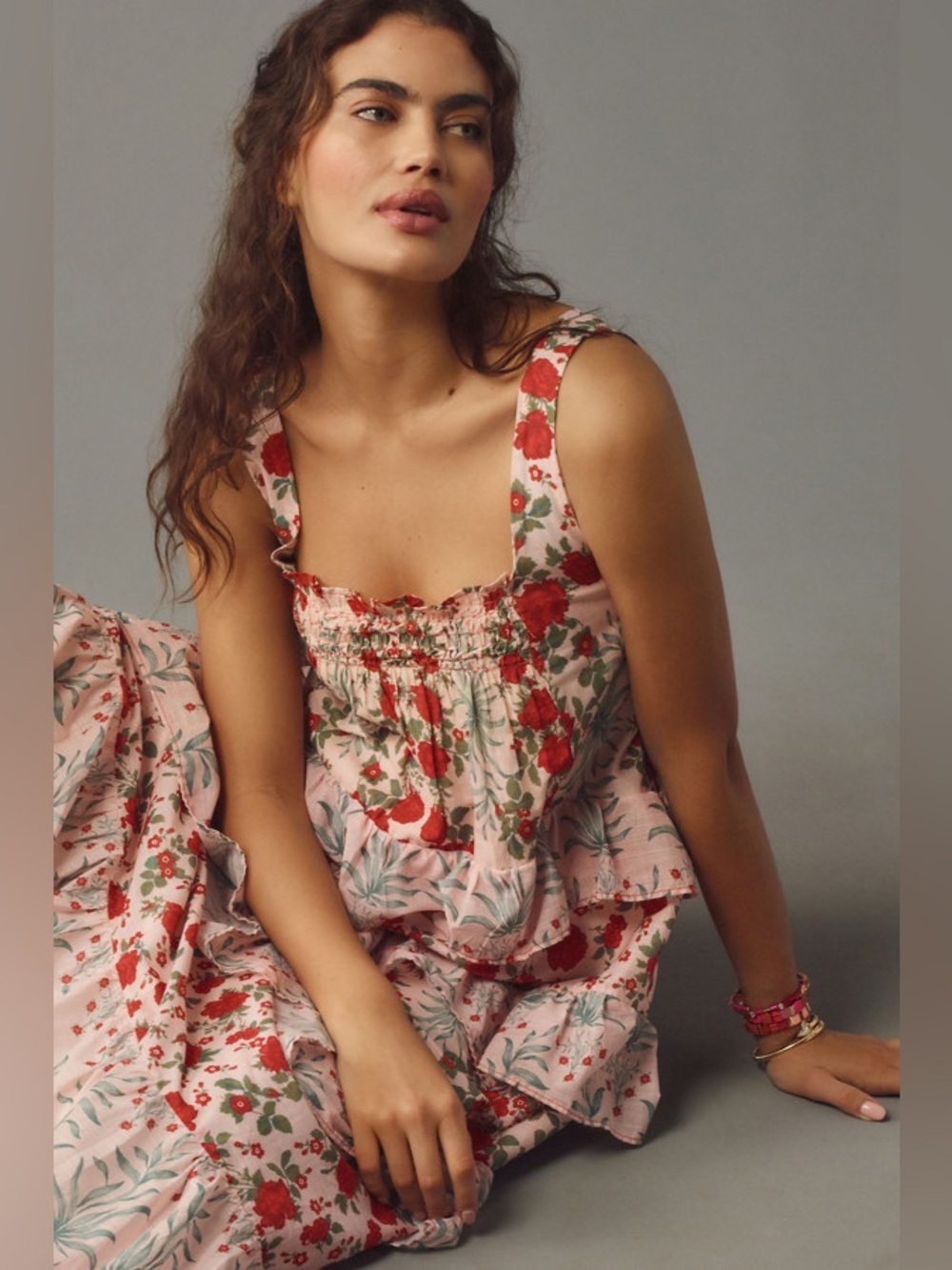 Anthropologie Sleeveless Tiered Midi Floral Ruffle Cottagecore cotton Dress S - Picture 2 of 7